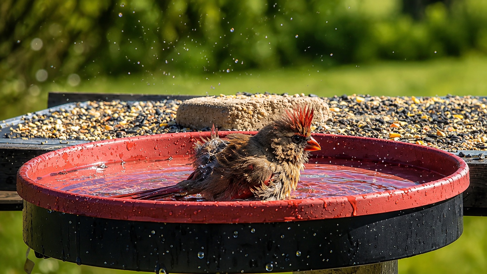 Female cardinal splashing in a shallow backyard bird bath during a summer heatwave