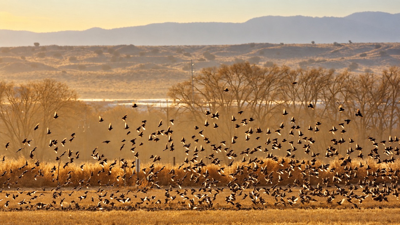 Large flock of starlings flying over Valle de Oro National Wildlife Refuge